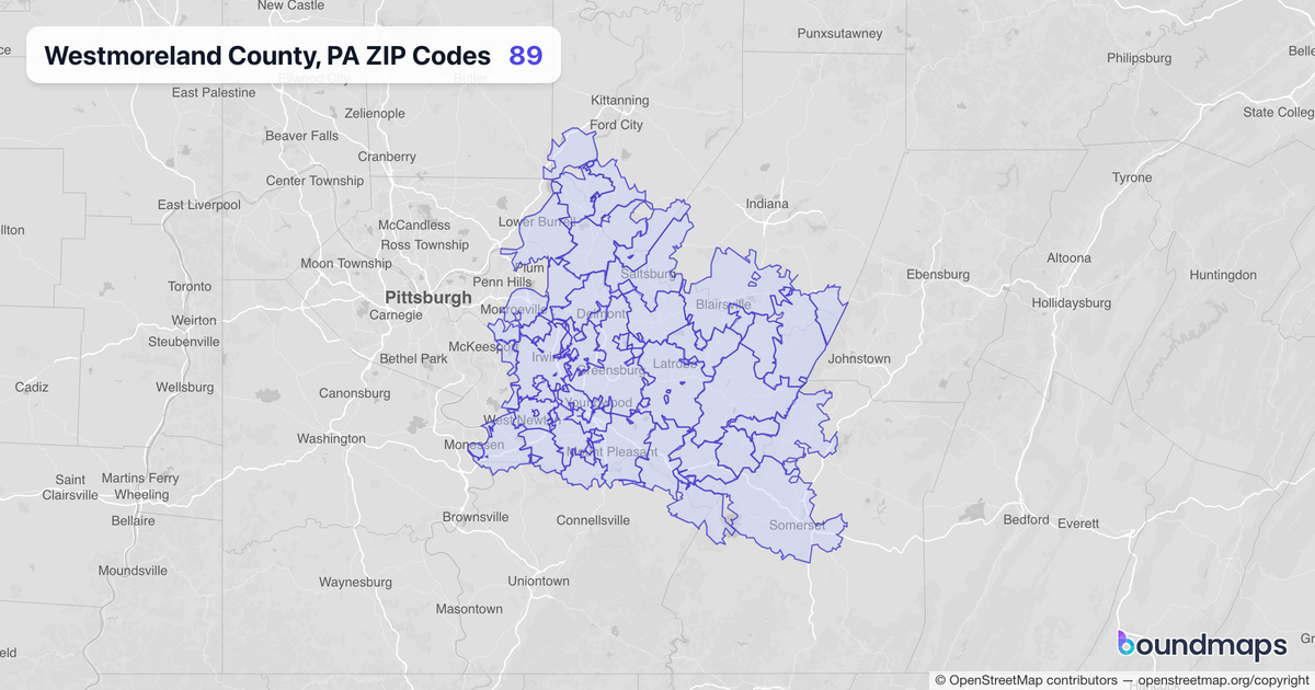 Westmoreland County, PA ZIP Codes boundary map