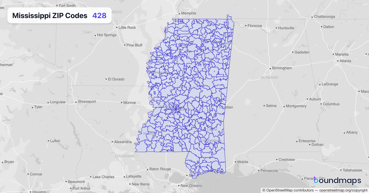 Mississippi ZIP Codes boundary map
